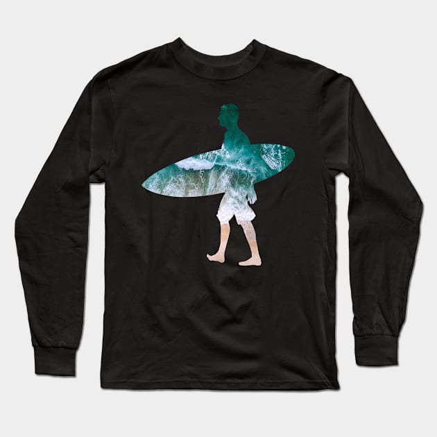 Male Surfer Beach Silhouette Long Sleeve T-Shirt by shellysom91